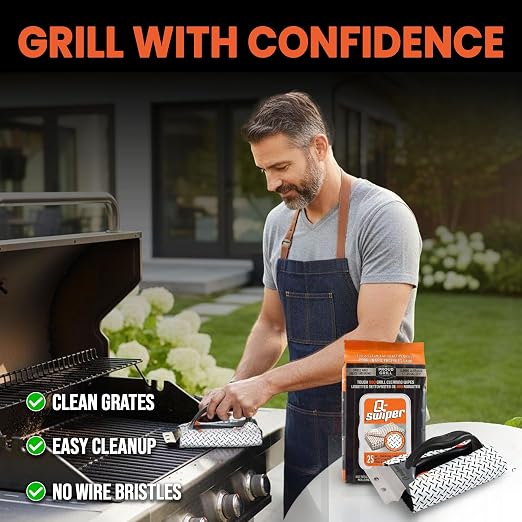 Proud Grill Q-Swiper BBQ Grill Cleaner Set - 1 Grill Brush with Scraper and 25 BBQ Grill Cleaning Wipes, Bristle-Free & Wire-Less, Safe Way to Remove Grease and Grime for A Clean and Healthy Grill