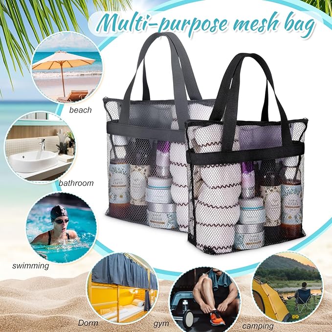 20 Pcs Mesh Shower Caddy Bags Portable Mesh Beach Bags Bulk with Zipper & 2 Pockets Hanging Toiletry and Bath Organizer for Gym Swimming Travel Camping College Dorms Beach (Classic Color)