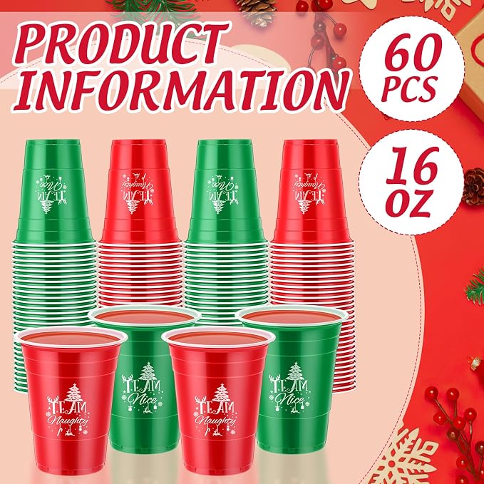 Sliner 60 Pcs 16 oz Christmas Disposable Cups Bulk Plastic Coffee Team Naughty or Nice Plastic Disposable Drinking Cups for Party Drinks Supplies