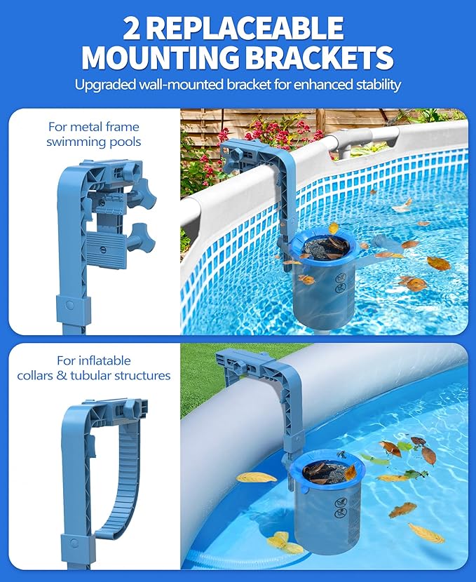 DeeprClean Upgrade Above Ground Pool Skimmer Comes with 3 Socks, Anti-tilt Wall Mount Surface Skimmer, Removable Skimmer Basket, Adjustable Height Bracket, Auto Skimming Pool Surface Leaves - Blue