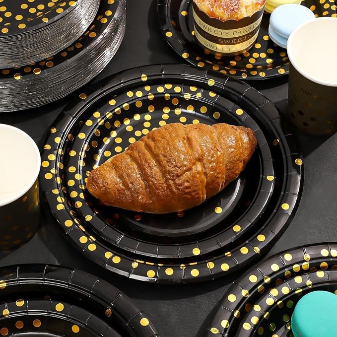 Black and Gold Party Supplies 145PCS Party Dinnerware Decoration Paper Plates, Napkins, Knives, Forks, Cups, Banner, for 2026 New Year Eve, Birthday, Celebrations, Serves 24