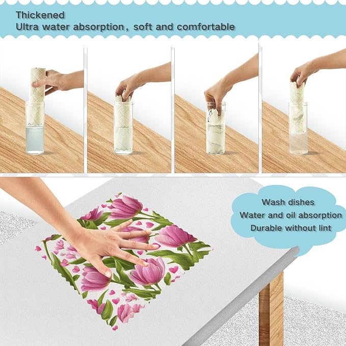 Pink Fresh Tulips and Hearts Kitchen Towels Dish Cloths Set of 6 Microfiber Cleaning Cloths for Cars Super Absorbent Machine
