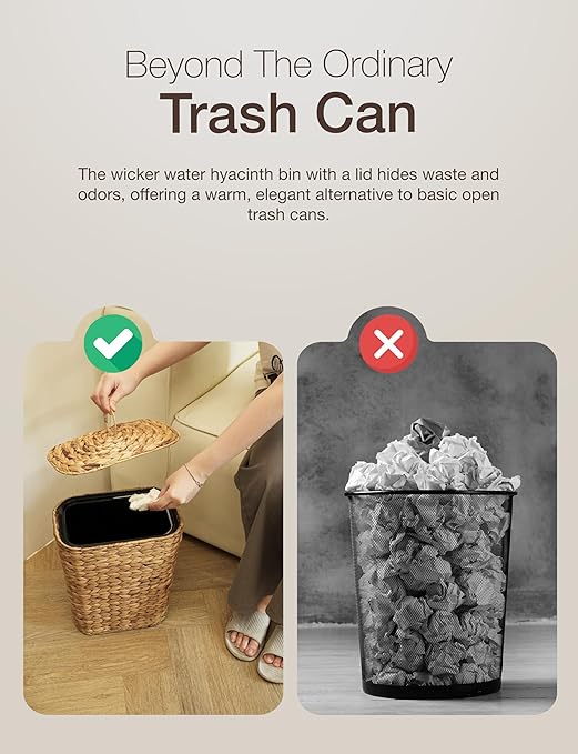 Tidita 3 GALLONS Wicker Waste Basket - Wicker Trash Can with Lid - Water Hyacinth Bathroom Garbage Can with a Lid - Bathroom Trash Can Boho Style - Removable Liner, Iron Frame (Natural, 3 Gallons)