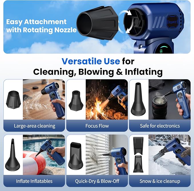 Cordless Electric Air Duster with Brushless Motor, Adjustable Airflow, 8000mAh Rechargeable for PC, Keyboard, Car & Home Cleaning (Blue)