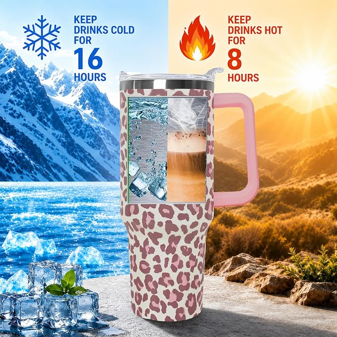 Ceovfoi 40oz Pink Leopard Tumbler with Handle Lid Straw, Insulated Coffee Mug Water Bottle, Leopard Print Decor Gifts for Women