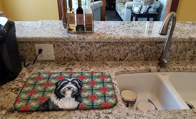 Caroline's Treasures Black Bearded Collie Christmas PoinsettIas Dish Drying Mat Absorbent Dish Drying Mat Pad for Kitchen Counter Dish Drainer Mat for Countertop, 14 x 21", Multicolor