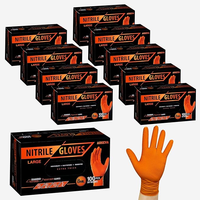 ARKEVA 8 Mil Nitrile Industrial Disposable Gloves, 8 Mil, Latex-Free, Raised Diamond Texture, Tear-Resistant