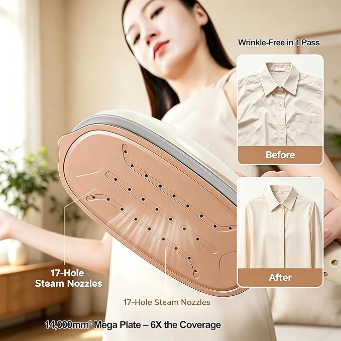 Garment Steamer for Clothes 1400W Portable Travel Steamer 180°Rotating Handle lancha a Vapor Para Ropa with LCD Display Handheld Wrinkle Remover, 260mL Water Tank, 8 Steam Models, Beige