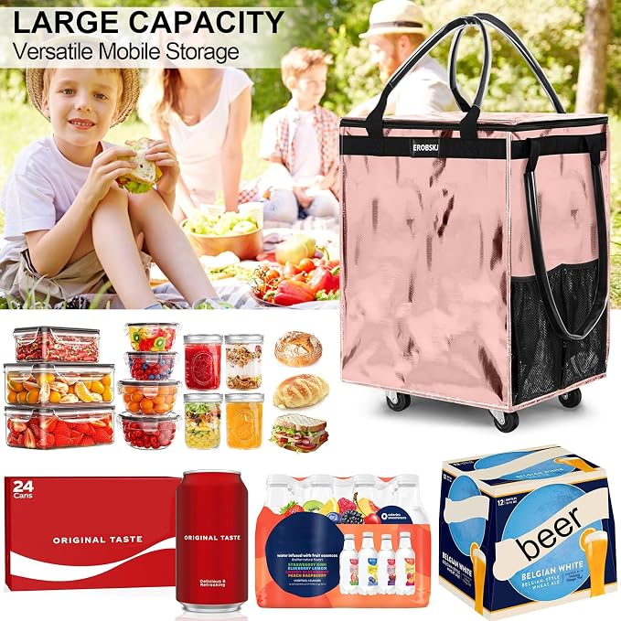 (Medium,Rose Gold) Reusable Grocery Bag on Wheels, 70L Foldable Rolling Tote, Shopping Trolley, Wide Zipper Shopping Carts for Trips, Laundry, Groceries, Camping, Storage,4 Heavy Duty Wheels