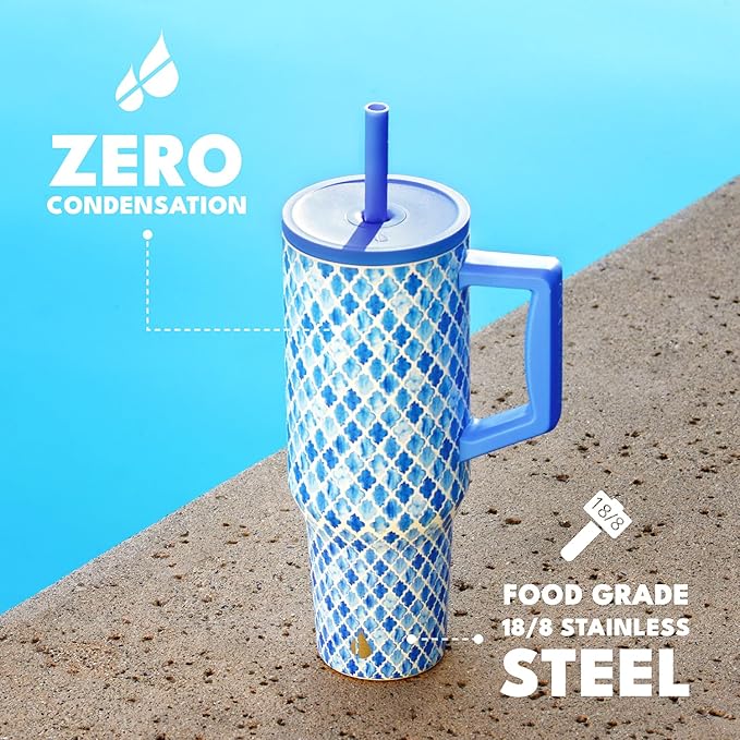 Elemental 40 oz Tumbler with Handle and Straw - Spill Proof Insulated Stainless Steel Commuter for Cold Beverages - Travel Coffee Mug with 2 Straws & Spill Proof Lid - 40oz - Blue Tile