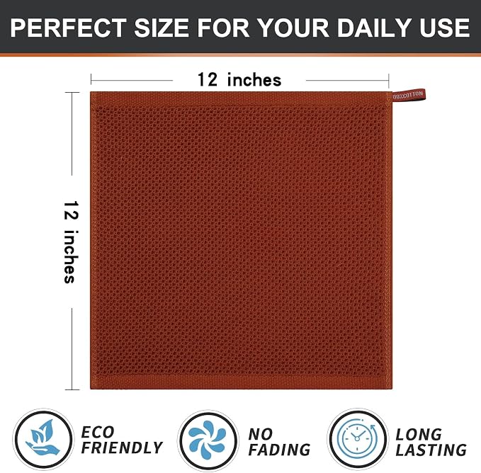 Kitinjoy 100% Cotton Kitchen Dish Cloths (12 X 12 Inches, Rust), 8 Pack Waffle Weave Ultra Soft Absorbent Dish Towels for Drying Dishes Quick Drying Kitchen Towels Dish Rags