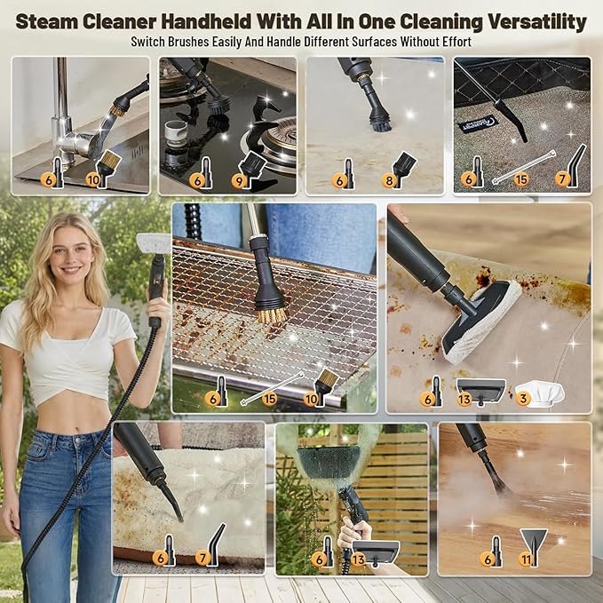 Gautye Steam Cleaner, 3 Level Adjustable Handle with 15 Accessories, Black | 15s Heat Up, 1.69 Quarts Tank, Handle Steam Cleaner for Home, Steamer for Cleaning for Kitchen, Grout, Dirt, Tile, Floor, Car