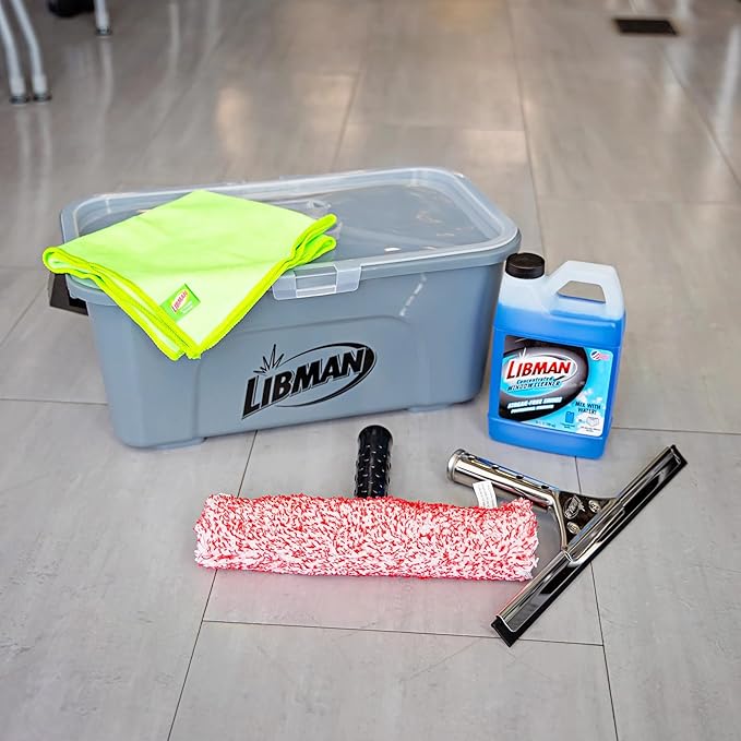 Libman Window Cleaning Kit – All-in-One Window Washing System with Bucket, Stainless Steel Squeegee, Microfiber Washer, Glass Cloth & 24oz Cleaner – Pro Quality – Refillable – Streak-Free