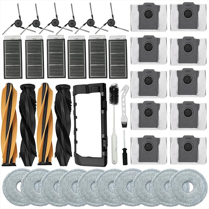 38 Pcs Replacement Parts for Dreame X50 Ultra/ L50 Ultra/and Mova V50 Ultra Vacuum Cleaner Accessories Kit，2 Set Main Brush，1 Main Brush Cover,10 Mop Pads,10 Dust Bags,6 Side Brush,6 Filter