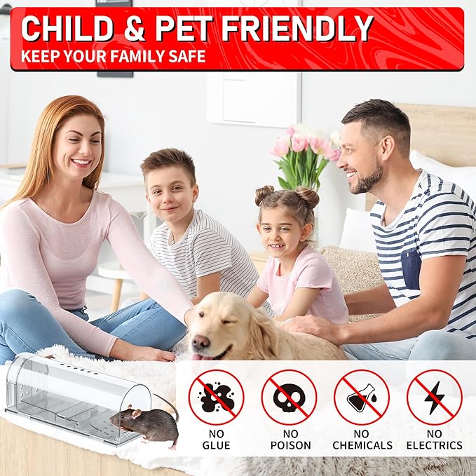 LULUCATCH Humane Mouse Traps 2 Pack | Live No Touch Catch and Release No Kill Rodent Traps | Reusable with Cleaning Brush | Pet Safe Indoor Outdoor for Mice, Rats, Chipmunks, Voles, White