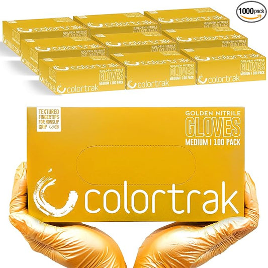 Colortrak Disposable Nitrile Gloves, Gold, Luminous Collection Latex-Free, Powder-Free Hair Color Gloves for Chemical Processing & Salon Services, 1000 Count (10 Boxes), Medium