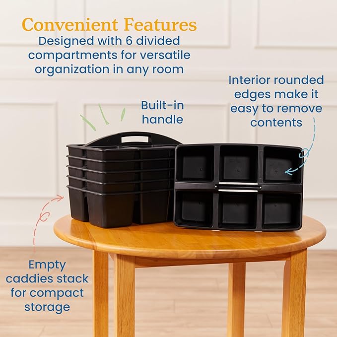 ECR4Kids 6-Compartment Large Plastic Caddy, Multipurpose Organization, Black, 6-Pack