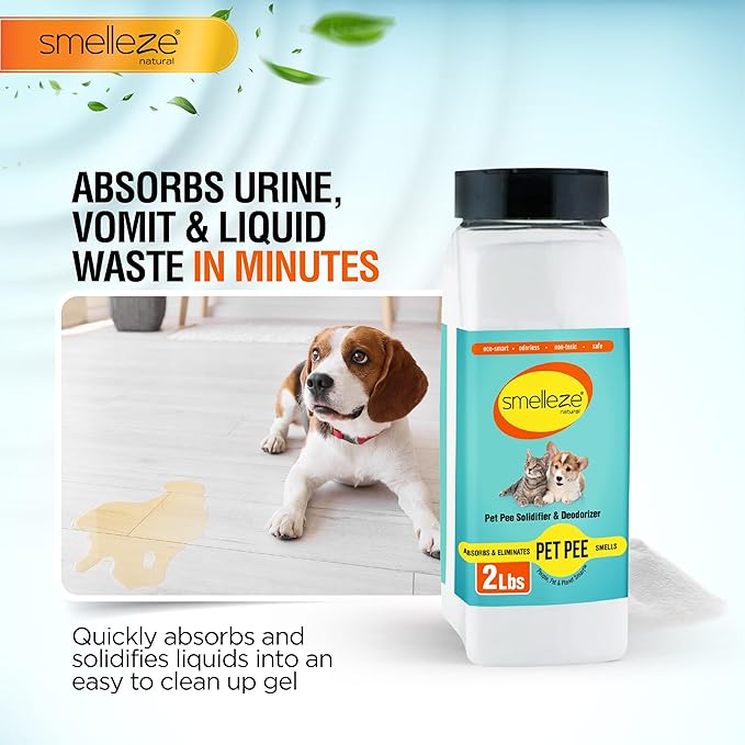 SMELLEZE Pet Pee Powder - Unscented Urine Solidifier for Dog & Cat Accidents - 2 lb Bottle, Handles up to 360 Messes per Bottle - Absorbs 1.5 Cups per Teaspoon in 60 Seconds