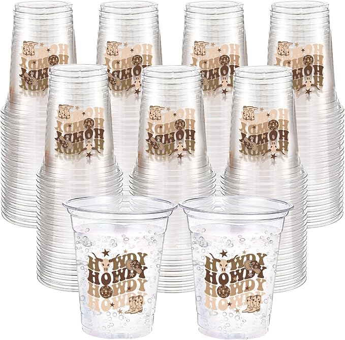 100 Pcs Western Cowboy Plastic Cups 12 oz Brown Howdy Disposable Plastic Cowboy Drinking Cups Bulk for Western Boho Preppy Baby Shower Birthday Wild West Party Decoration Supplies