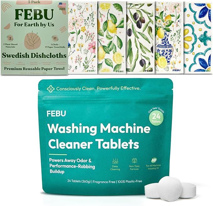FEBU Save 15% on Swedish Dishcloth + Washing Machine Cleaner Tablets | 5 Pack Italian Summer Reusable Paper Towels + 24ct Washer Cleaner Tablets