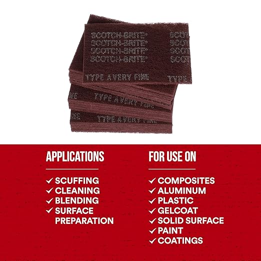 3M Scotch-Brite General Purpose 7447 Hand Pad, Very Fine Grade, 6 in x 9 in, Pack of 20, Aluminum Oxide, Surface Preparation, Scuffing, Blending, Cleaning, Maroon