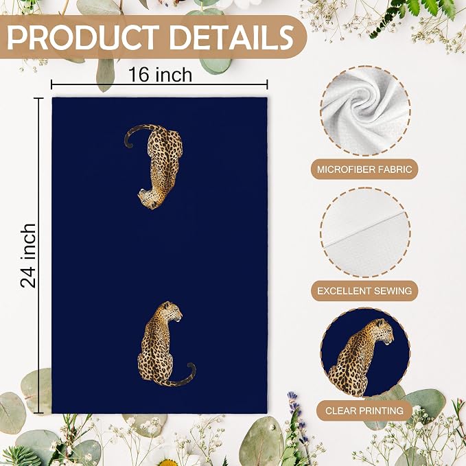 Trendy Leopard Cheetah Print Poker Lucky 8 Ball Bathroom Decor, Preppy Navy Blue Leopard Decor Dish Hand Towels for Bathroom Kitchen Sets of 2, Cheetah Kitchen Towels and Dishcloths,16x24
