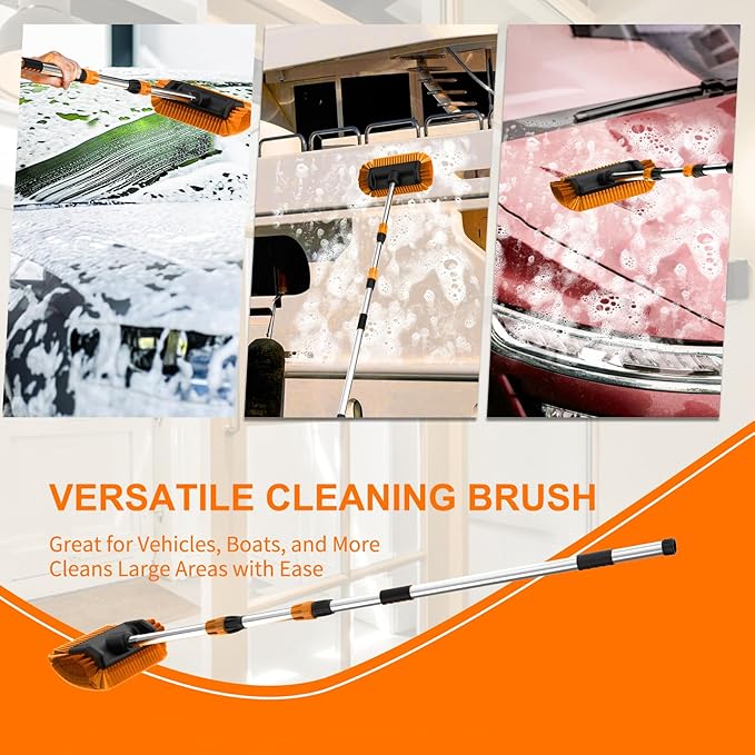 SISUPASSIE 12FT Car Wash Brush with Long Handle, 12-Inch Soft Bristle Car Cleaning Brush for Cleaning RV, Truck, Boat, Solar Panels, Orange