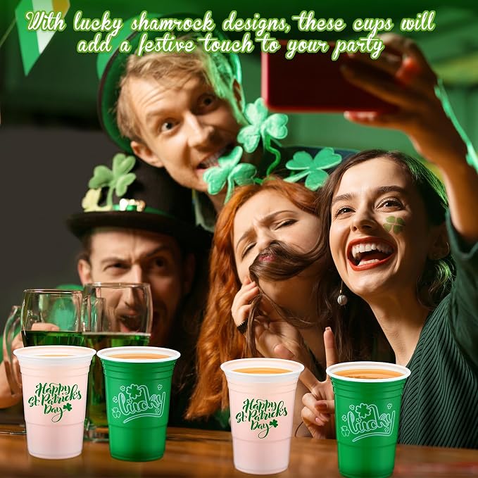 Pickmesh 100 Pcs St Patricks Day Plastic Cups 16oz Lucky Shamrock Design Disposable Cups for Lucky Party Supply St Patrick's Day Tumblers for Hot Cold Drinks Coffee Juice Beer Candy Snacks
