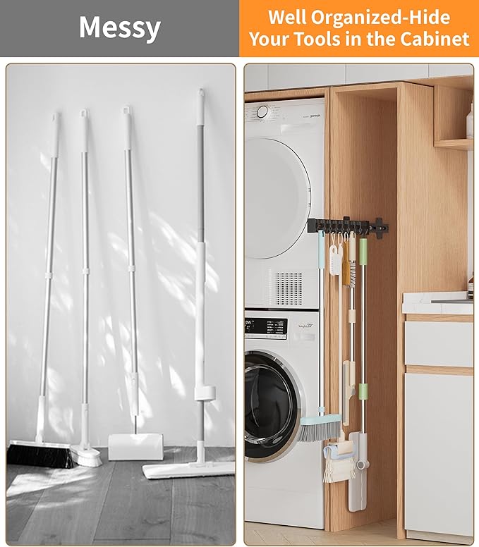 Pull Out Broom Holder With Adjustable Row Sliding Hook, Multifunctional Slide Broom And Mop Storage/Organizer Garage Organization Hooks, for Closet Laundry Garage 36cm/14.17in
