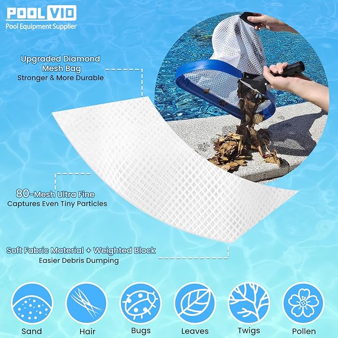 Poolvio 17.5" Pool Net with Diamond Ultra-Fine Mesh & 15 FT Telescopic Pole