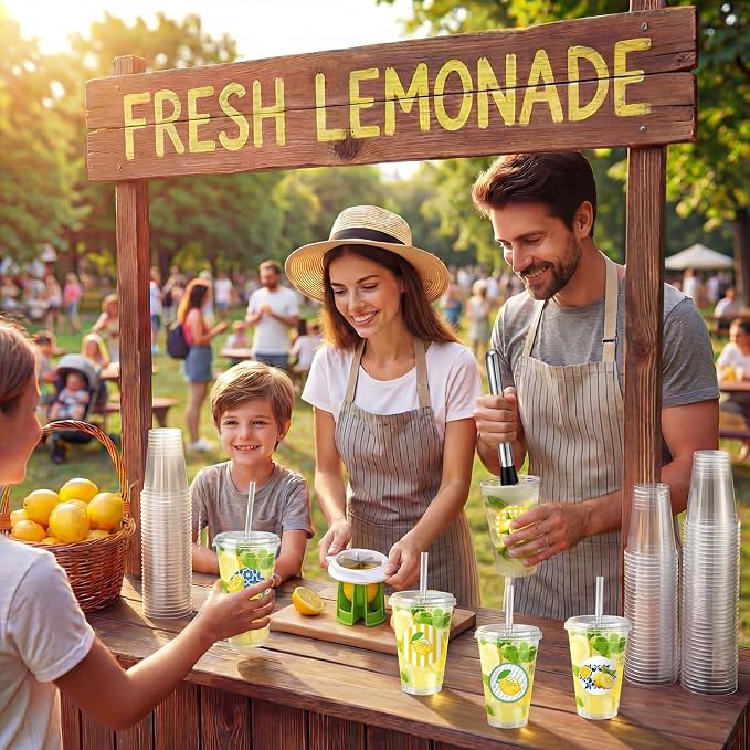 Yungyan 25 Sets Lemonade Cups with Lids Straws 32 oz Clear Plastic Cups Include Lemon Slicer, Muddler, Straw Puncher, Stickers and Straw Brush Summer Lemonade Stand Supplies Kits for Lemon Bar