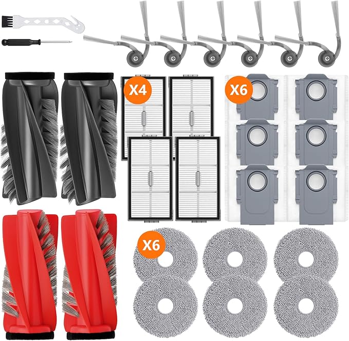 28 Pack Saros 10R Accessories for Roborock Saros 10R/Saros 20/Qrevo CurvX/G20s Ultra Replacement Part with 2 Red Roller,2 Black Roller,4 Hepa,6 Mop,6 Dust Bag,6 Side Brush,1 Screwdriver,1 Brush