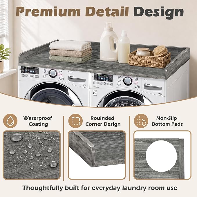 Royxen Washer Dryer Countertop with Solid Wood Core,54“W x 27.5D Laundry Countertop with Edge Rails,Washer and Dryer Topper for Laundry Room Organization (Eucalyptus)