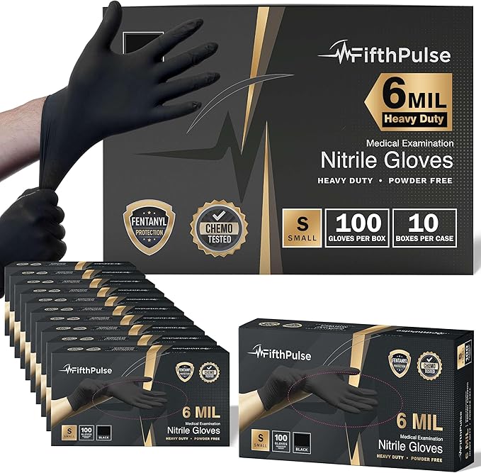 FifthPulse 6 Mil Black Nitrile Gloves, Heavy Duty Mechanic and Food Grade Glove - Powder-Free, Latex-Free Medical Exam Gloves