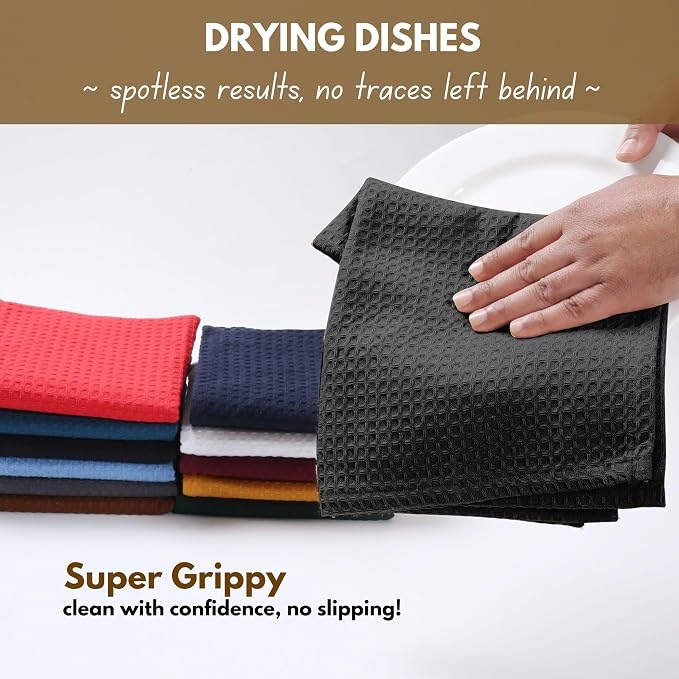 Native Fab 18 Pack Waffle Dish Cloths - 100% Cotton, 12x12 inch, Absorbent, Quick Drying, Washable Towels for Cleaning, Cooking & Baking - Perfect for Home, Restaurants, Bars, Multi Use - Black