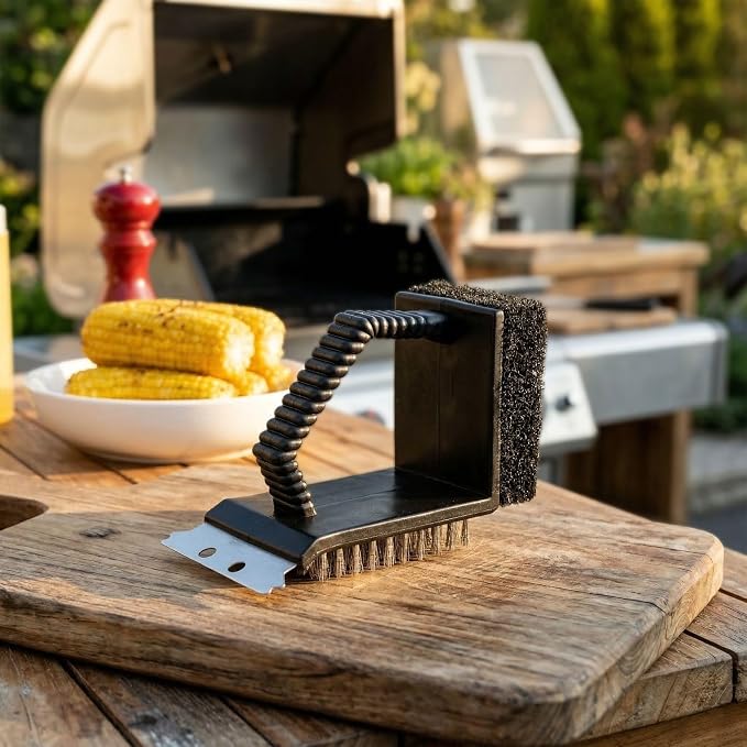 Restaurantware Met Lux 4.5-Inch Grill Brush 1 Handheld Grill Cleaning Tool - Scraper Scouring Pad Silver Plastic Grill Accessory For All Types Of Grills Ergonomic Handle
