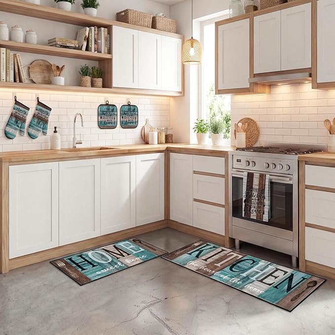10 Pcs Turquoise Teal Kitchen Decor and Accessories Set, 4 Dish Towels Kitchen Rugs 2 Oven Mitts 2 Pot Holders, Home Decor for Cooking Baking BBQ Gifts Women Mom Housewarming