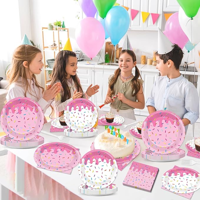 96Pcs Pink Donut Confetti Party Plates and Napkins Themed Decorations Spring Pink Donut Dessert Plates Donuts Tableware Set for 24 Guests Grow Up Themed Baby Shower Party Favors Supplies