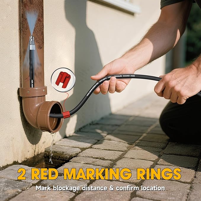 Sewer Jetter Kit for Pressure Washer 50ft – 5800PSI Drain Jetter Hose 1/4 Inch NPT Corner with Watering Spray Nozzle, Rotating and Button Hose Sewer Jetting Nozzles & Easy-to-Store Strap
