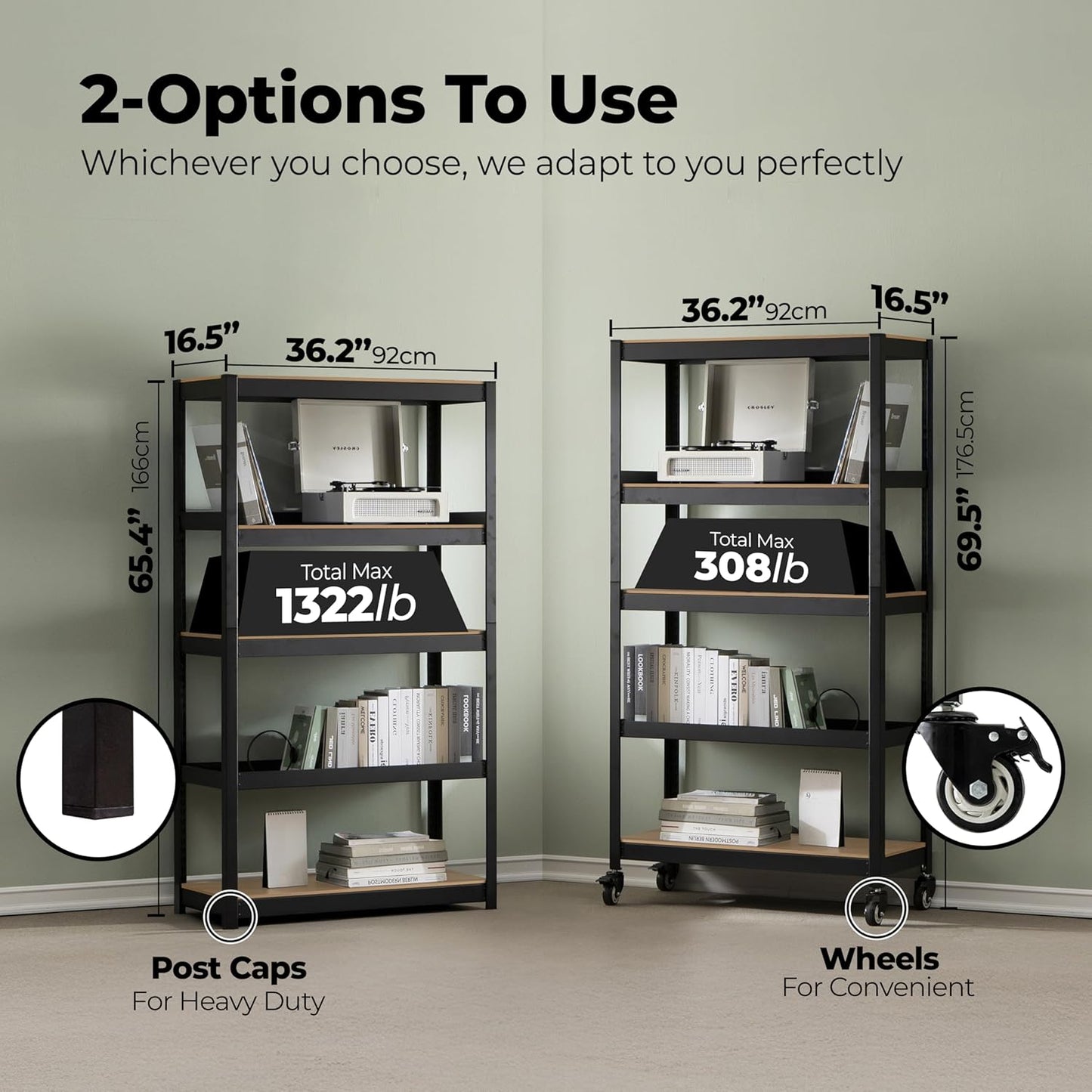 HOMEDANT House 5-Tier Metal Rolling Cart Shelf Rack Casters Heavy Duty Laminated Wheel Shelving Unit Adjustable Utility Storage Shelves Organizer Shelf Kitchen Garage 36.2" W x 16.5" D x 69.5" H 1Pack