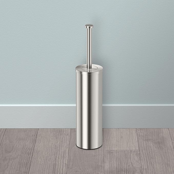 Gatco 1482 Latitude II Slender Toilet Brush and Holder, Satin Nickel, Freestanding Bathroom Toilet Brush Canister