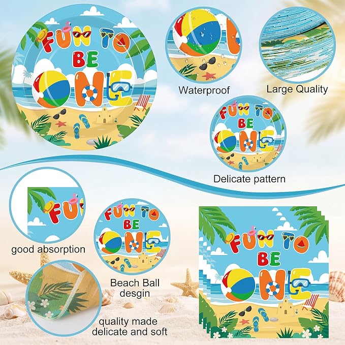 Pickmesh 250 Pcs Beach Ball Party Supplies Summer Beach Ball 1st Birthday Paper Plates Napkins and Cups Disposable Tableware Set Fun to Be One Party Decor for Hawaiian Pool First Birthday Serve 50