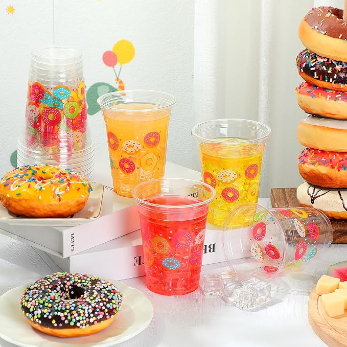 Willinglong 50 Pcs Donut Cups 12 oz Plastic Disposable Clear Doughnut Drink Cups for Donut Grow up Sweet One Birthday Party Decoration Baby Shower Summer Holiday Supplies