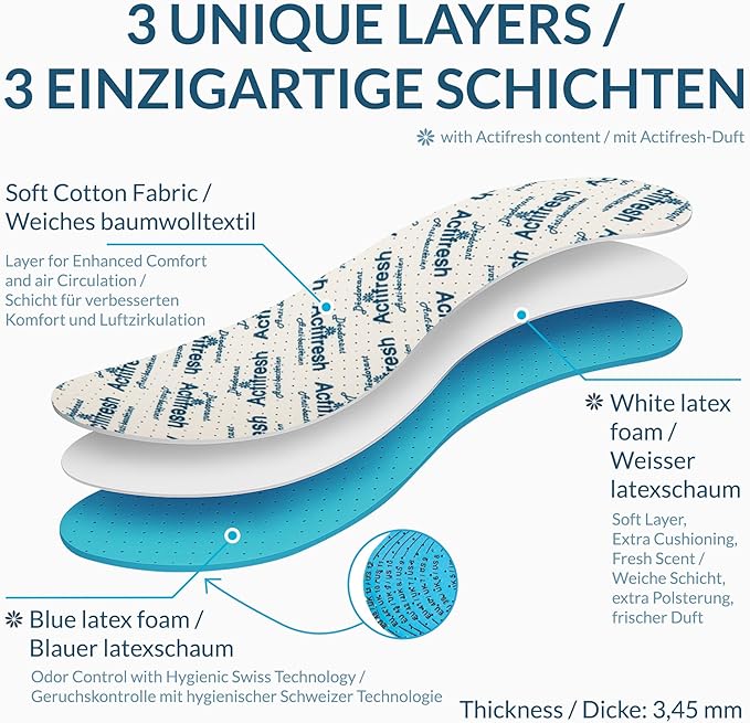 6 Pairs Kaps Actifresh Shoe Insoles Inserts, Odor Control Freshness Technology Developed in Switzerland by Sanitized, Triple Layer, Cushioning Soft Latex, Cut to Fit, Universal Size Unisex