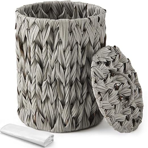 Ctosree 1.3 Gallons Small Trash Can with Lid Handle Boho Woven Braided Bathroom Waste Basket Trash Can with 100 Garbage Bags for Bedroom Office Laundry(Grey, Braided Polypropylene)