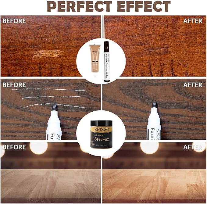SEISSO Wood Furniture Repair Kit, 12 Colors Wood Fillers, Wood Putty with Beeswax, Furniture Touch Up Markers with Wood Crayons, Hardwood Floor Repair Kit for Stains, Scratch, Cracks, Hole