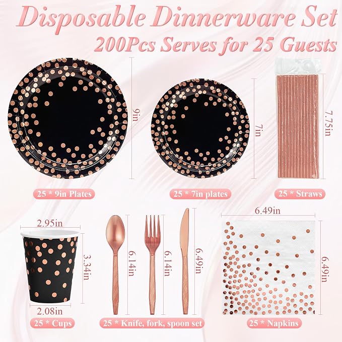 200PCS Black and Rose Gold Paper Plates Party Supplies Severs 25 Guests Disposable Paper Plates Set, 7’’&9’’ Paper Plates Cups Napkins Forks Set for Birthday, Mothers Day, Baby Shower Wedding