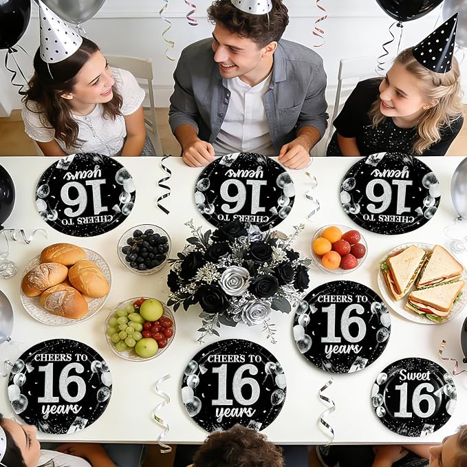 96Pcs 16th Black and Silver Birthday Party Supplies Cheers to 16 Years Plates and Napkins Disposable Sweet Black 16th Birthday Tableware Set for 16 Years Old Graduation Party Serves 24