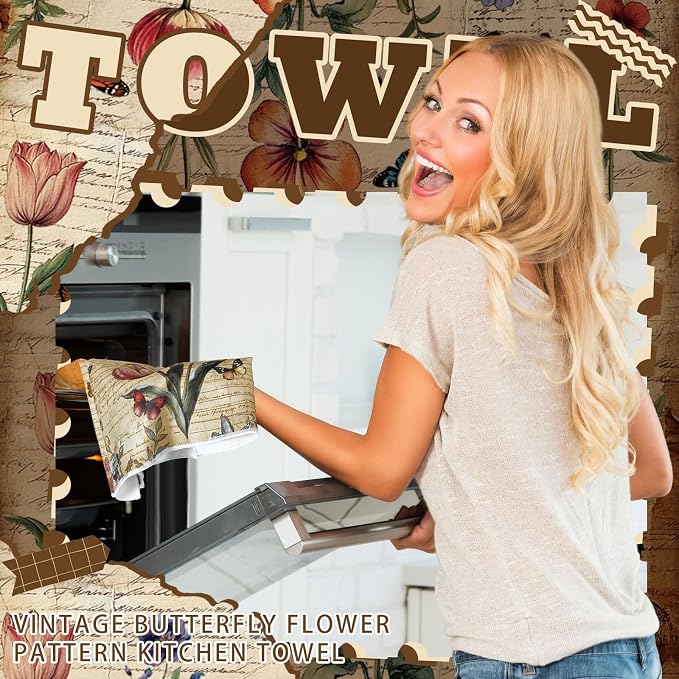 Bencailor 16 Pcs Summer Kitchen Towels Floral Butterfly Hand Dish Towels Vintage Flower Tea Dishcloths for Summer Holiday Kitchen Bathroom Home Decor Gifts, 16 x 24 Inch