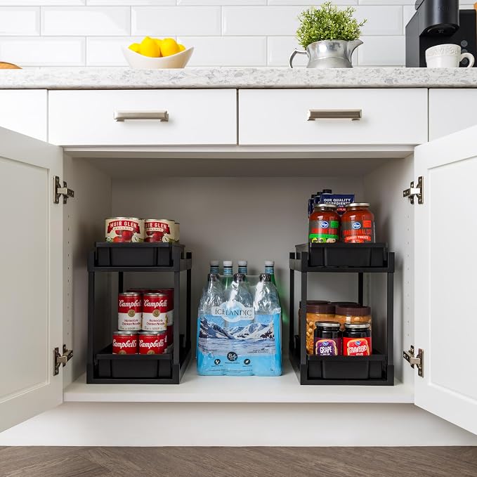 IRIS USA Under Sink Organizer, 4 Pack, Bathroom Organizers and Storage, Pull Out Under Cabinet Kitchen Shelf Pantry Under Counter, Cleaning Supplies, Vertical Spice Rack Slide Out Drawer, Easy Install